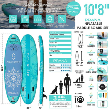 Aqua Spirit Prana 10′8″ Yoga Water AquaFitness Stand Up Paddle Board Kit, 6" Thick, Aluminium Paddle & Clips, Backpack, Change Mat, Pump, Leash, Mount for GoPro, Shoulder Straps & 2 Year Warranty - Aqua Spirit iSUPs